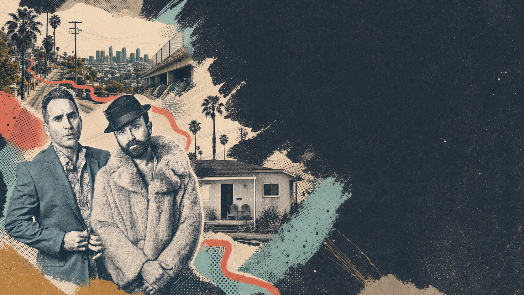 Screen-printed collage of Ben Giroux and Arnie Pantoja against a fragmented Los Angeles landscape