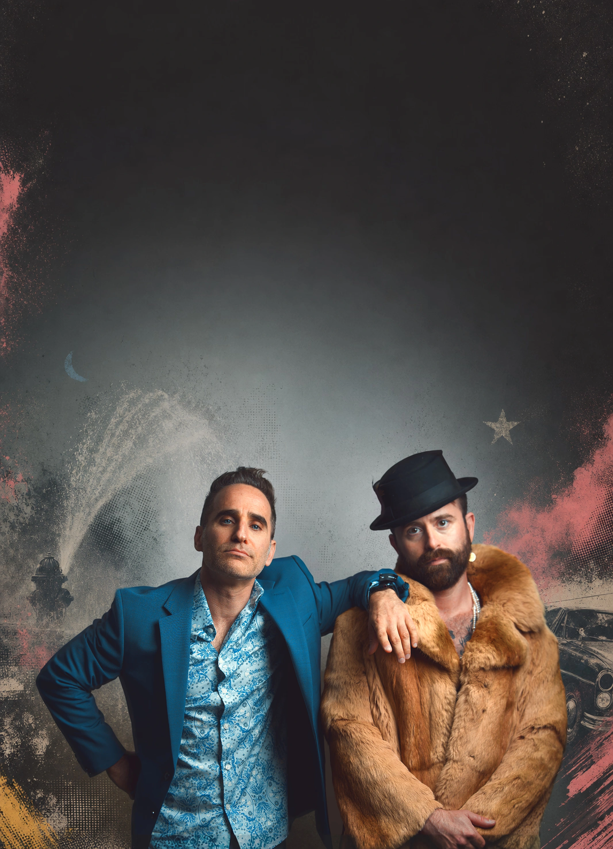 Ben Giroux in a blue suit and Arnie Pantoja in a fur coat, surrounded by pop-art texture